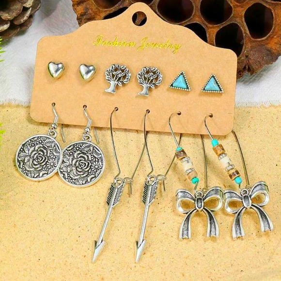 New 6 Pair Silver Turquoise Boho Patina Antique‎ Arrow Bow Stud Dangle Earrings - Picture 1 of 1
